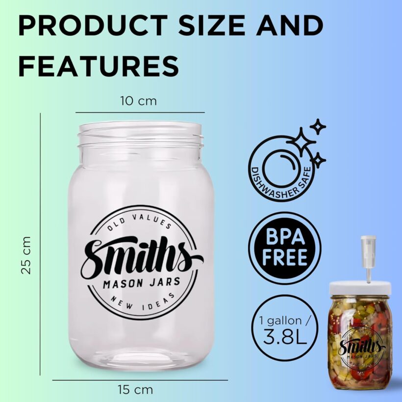 Smiths Mason Jars 1 Gallon (135oz/4L) Fermenting Jar with storage and ferment lid - Ideal Kombucha Fermentation Container for Pickling, Food Homemade Preserve and Kimchi glass storage jars - Image 3